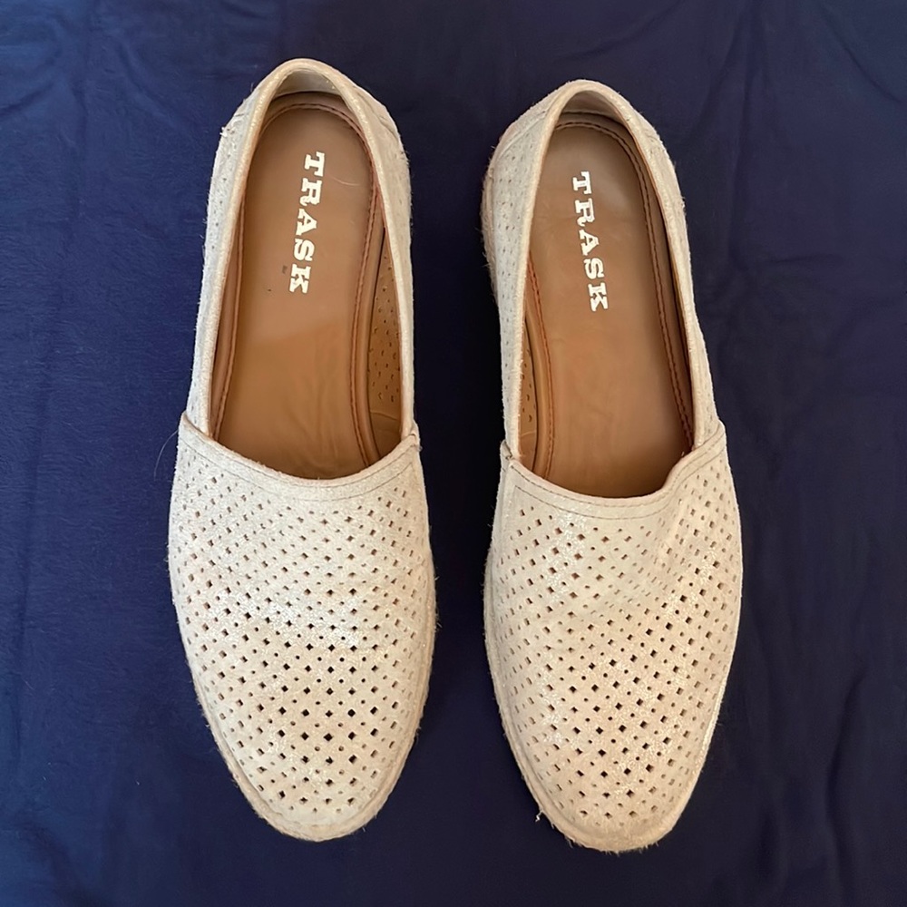 Track slip on shoes in shimmery taupe.